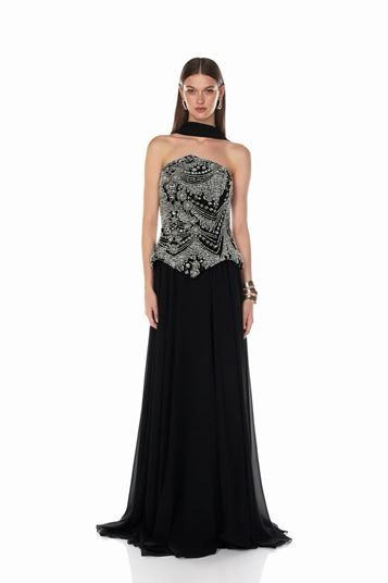 فستان سهرة شيفون بدون حمالات مزين باللؤلؤ باللونين الأسود والأبيض